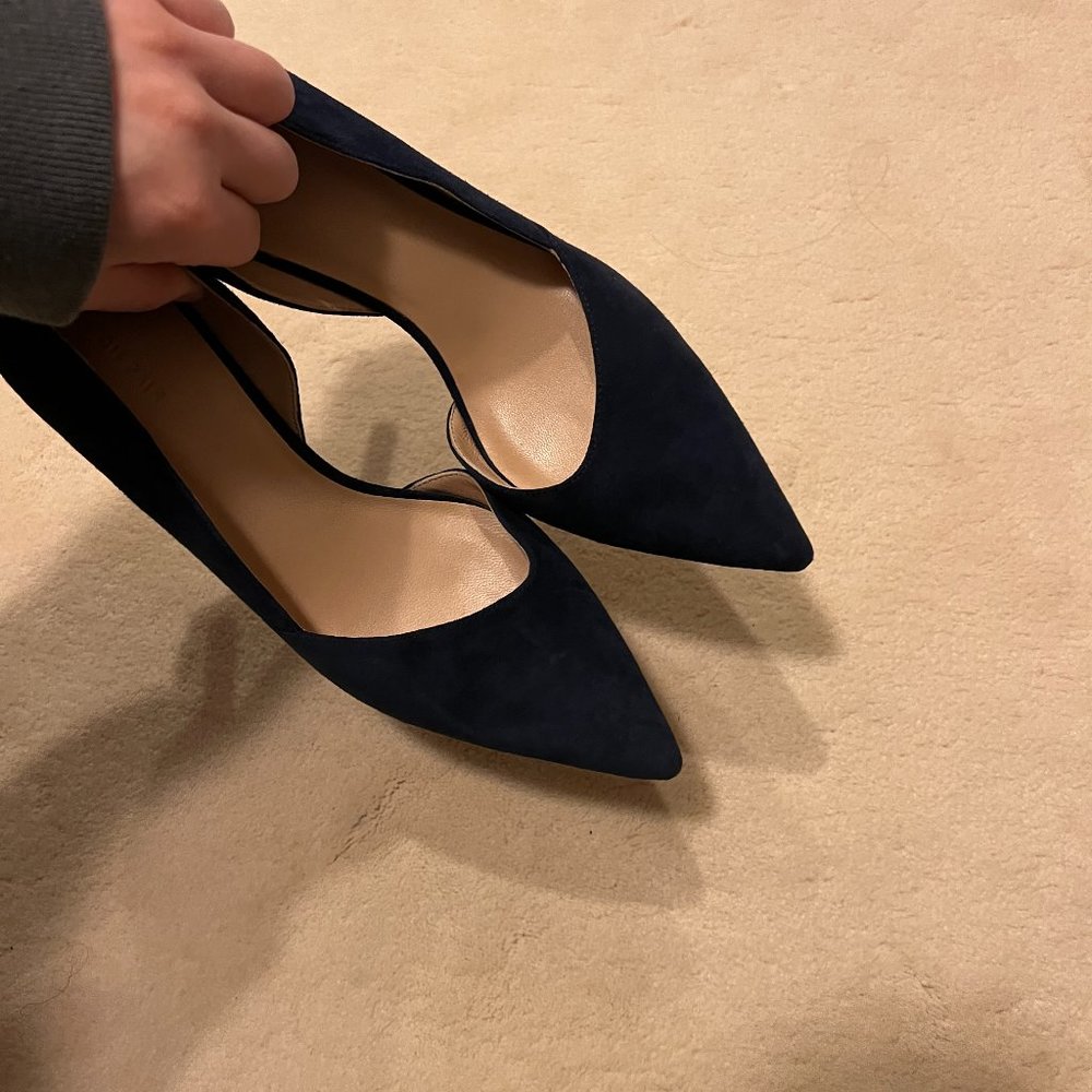 Designer High Heel Shoes, suede leather, navy color and green heels.